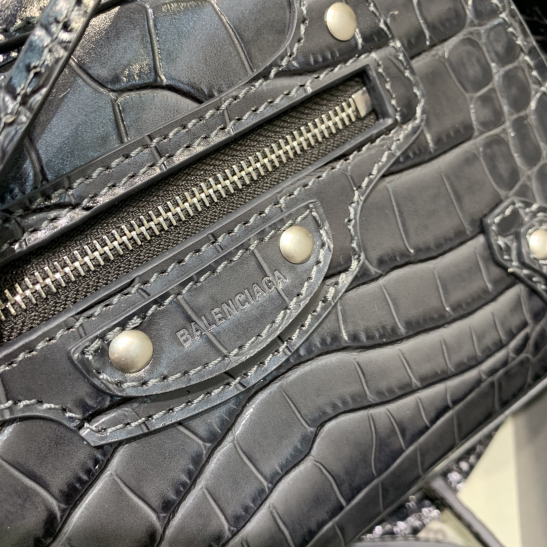 Balenciaga Neo Classic Mini Handbag Crocodile Embossed Shoulder Bag Dark Gray